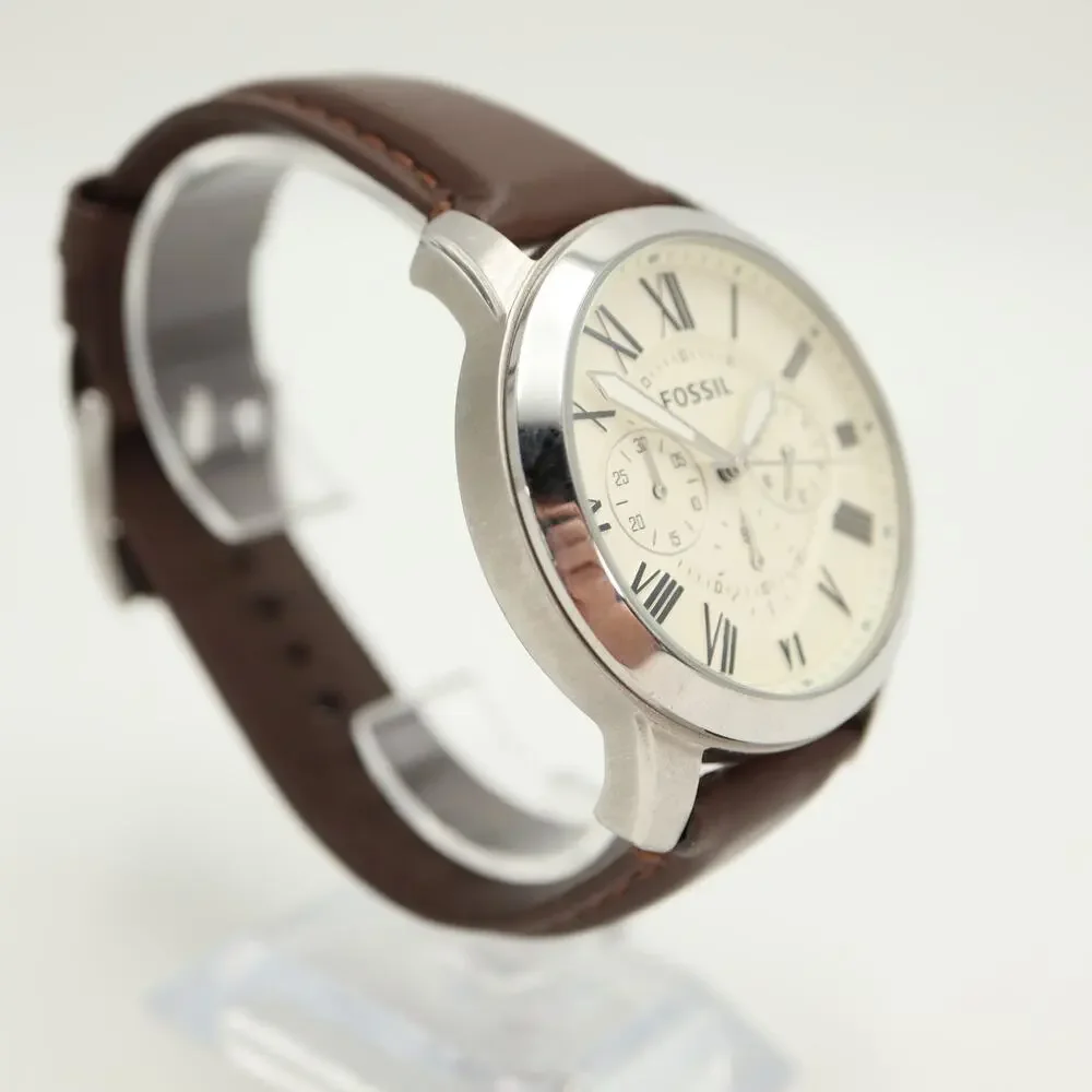 Fossil Grant Beige 44mm Chronograph Watch Brown Leather FS-4735 w New Battery